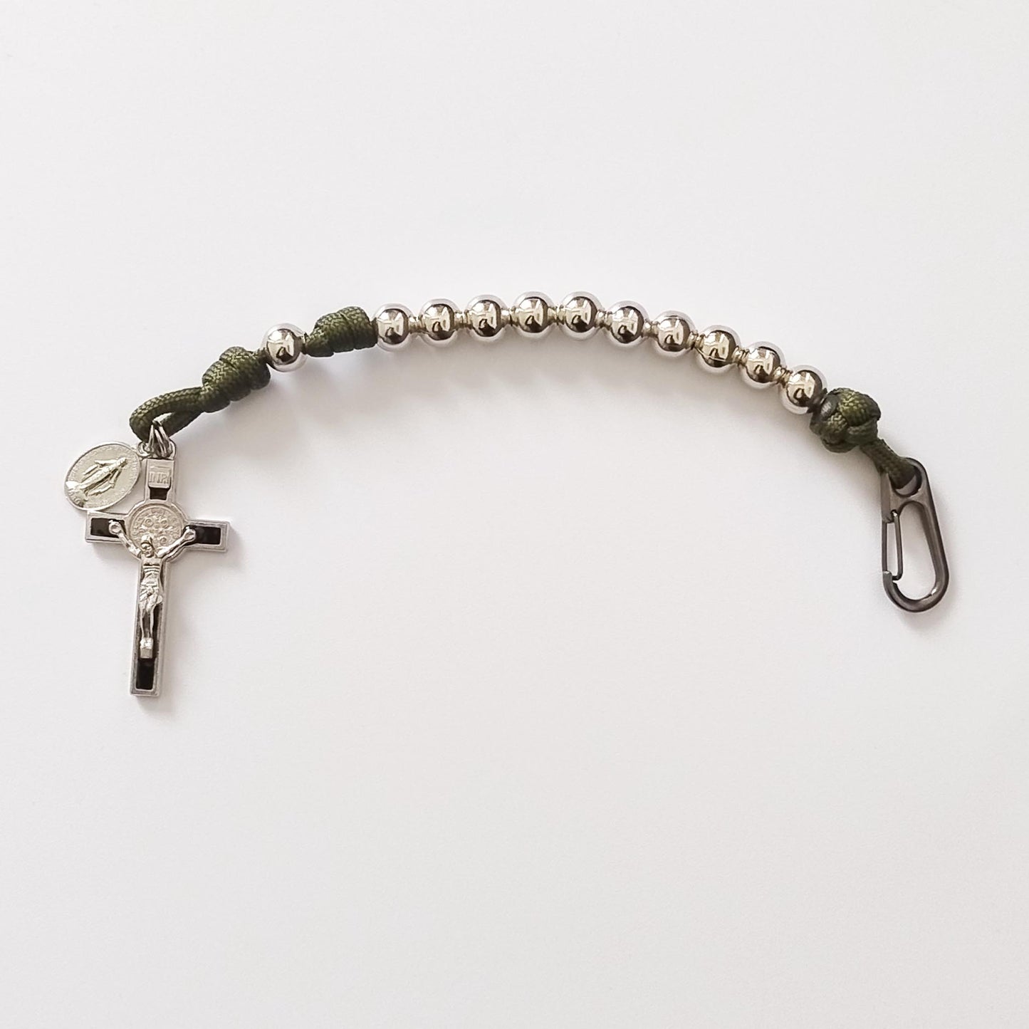 Paracord One Decade Rosary Silver Metal Beads (Green colour)