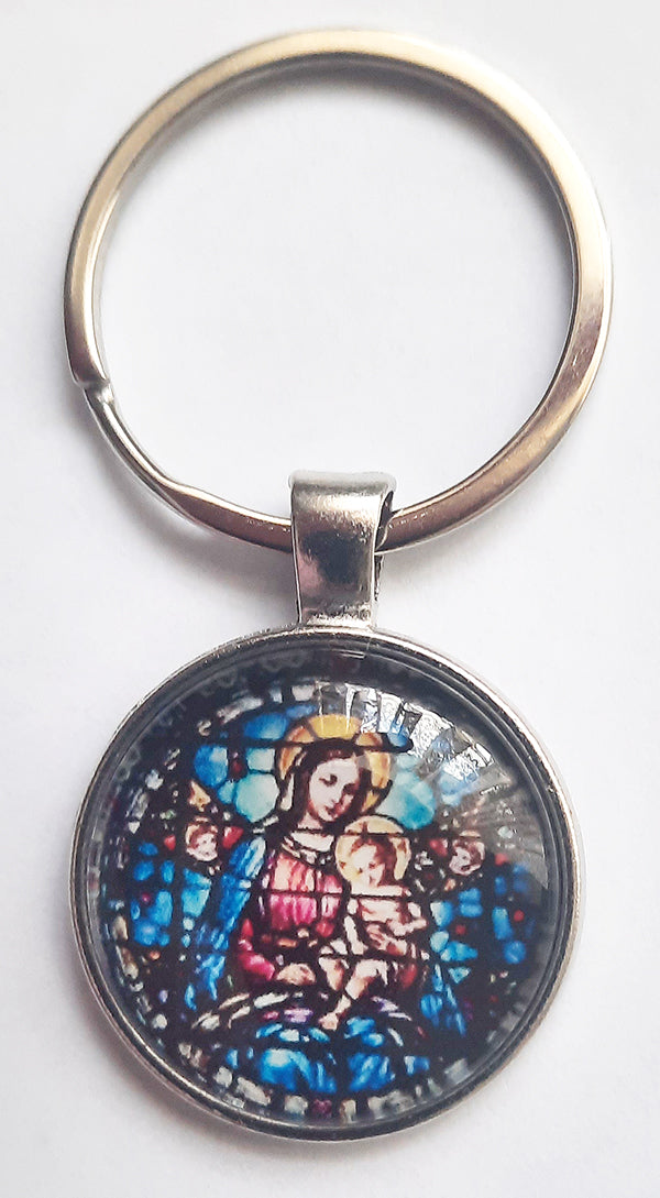 Stained glass Virgin and Child Key Ring