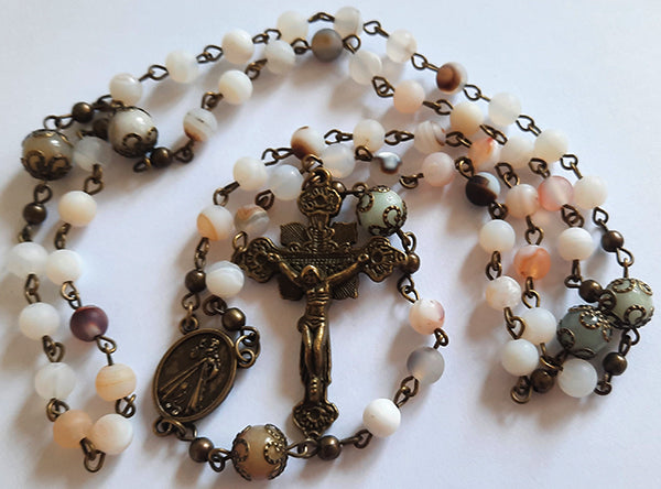 Gemstone Rosary - Matte White Sardonyx Strip Agate - 6mm