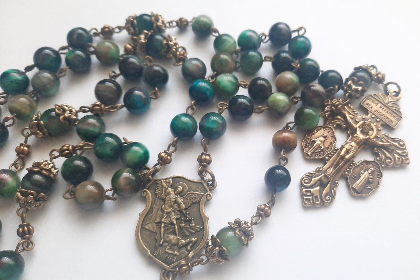 Natural Stone Aqua Green/Blue Tiger Eye Gemstone Rosary
