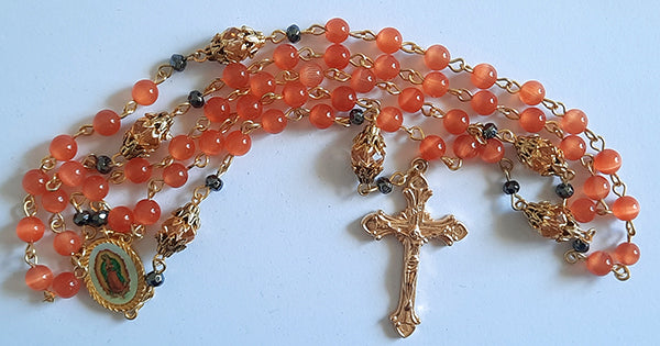 Rosary - 6mm Glass Catseye Beads - Orange - Gold Base
