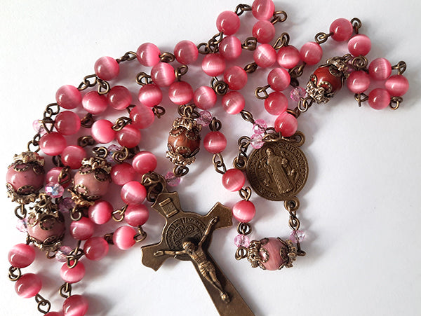 Rosary, Saint Benedict, Dark Pink Cats Eye Beads