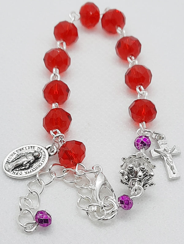 One Decade Rosary Bracelet - Red Glass Crystal Beads