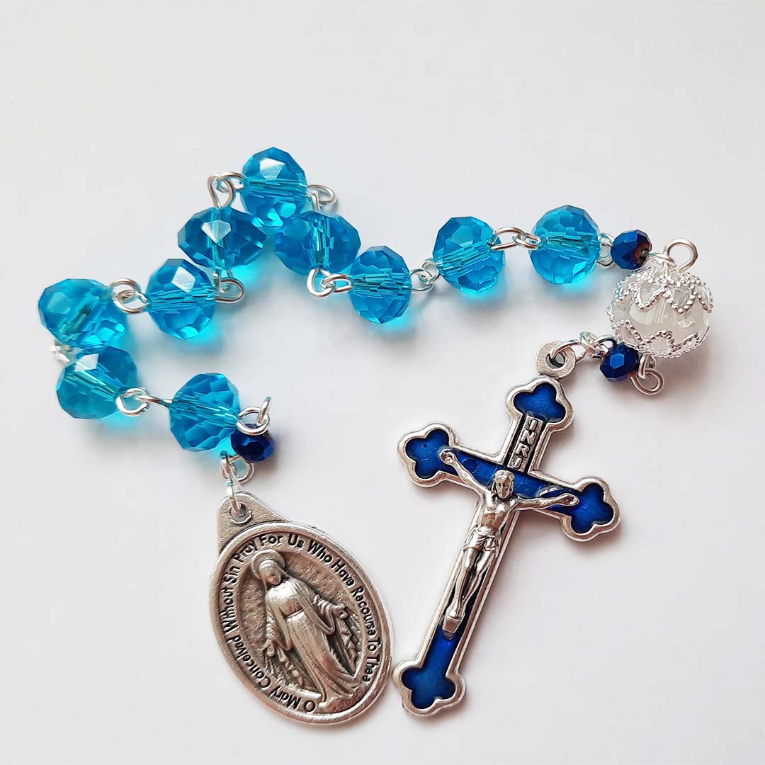 One Decade Rosary - Miraculous Medal - 8x6mm Glass Crystal Aqua Blue Beads