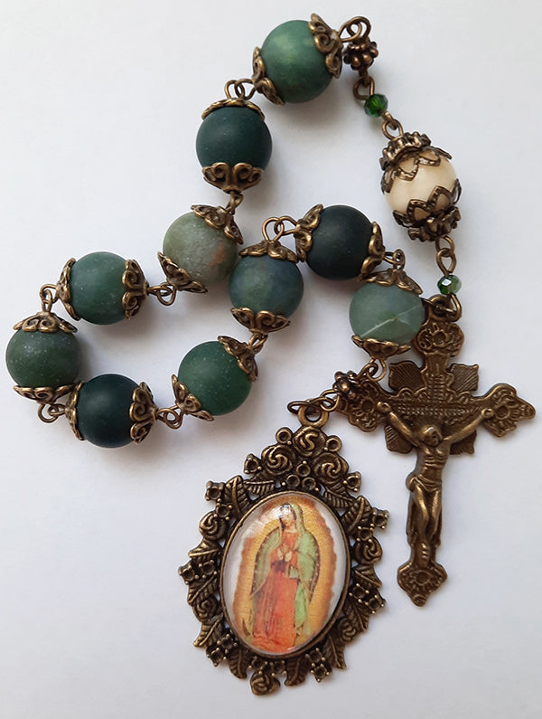 One Decade Rosary - Our Lady of Guadalupe - 10mm Gemstone Matte Moss Agate