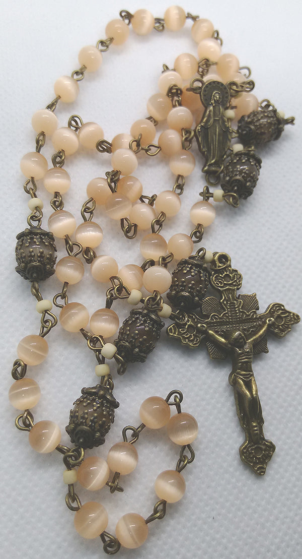 Rosary 6mm Peach Cats Eye Beads - Bronze