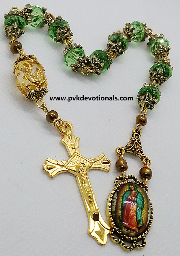 Our Lady of Guadalupe One Decade Rosary Tenner - Green Glass Crystal