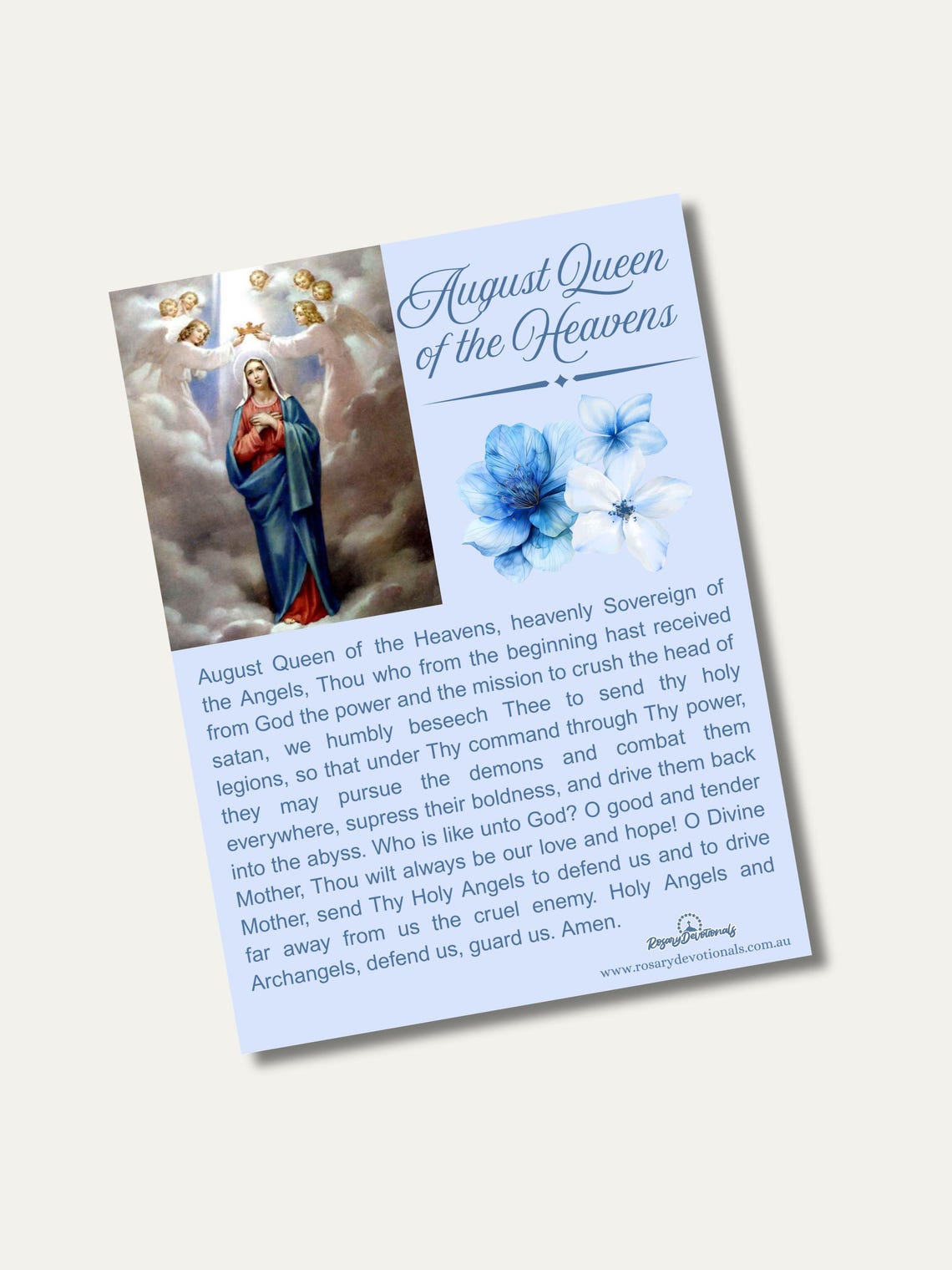 August Queen Of The Heavens Holy Prayer Card