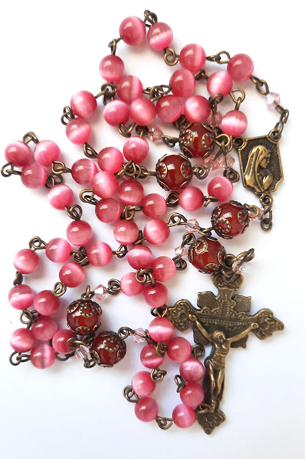 Rosary in Dark Pink Cats Eye Beads