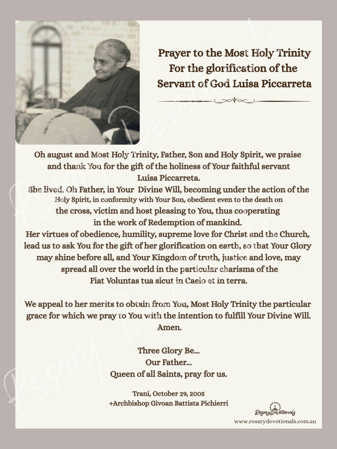 Luisa Piccarreta Prayer Card: Holy Trinity Glorification, Divine Will Prayer