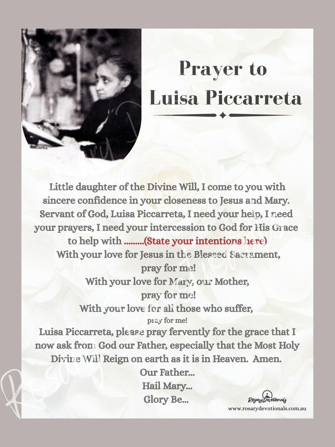 Prayer to Luisa Piccarreta (larger version) Prayer Card