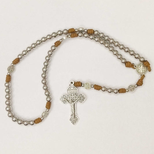 Saint Benedict Stainless Steel Cream Micro-Cord Rosary with Centrepiece