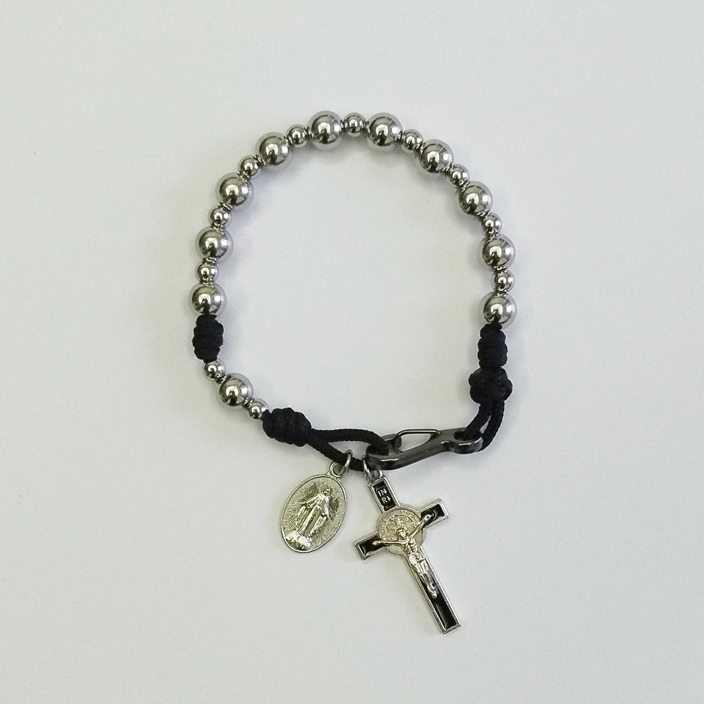 One Decade Micro Cord Rosary Bracelet Black - Stainless Steel