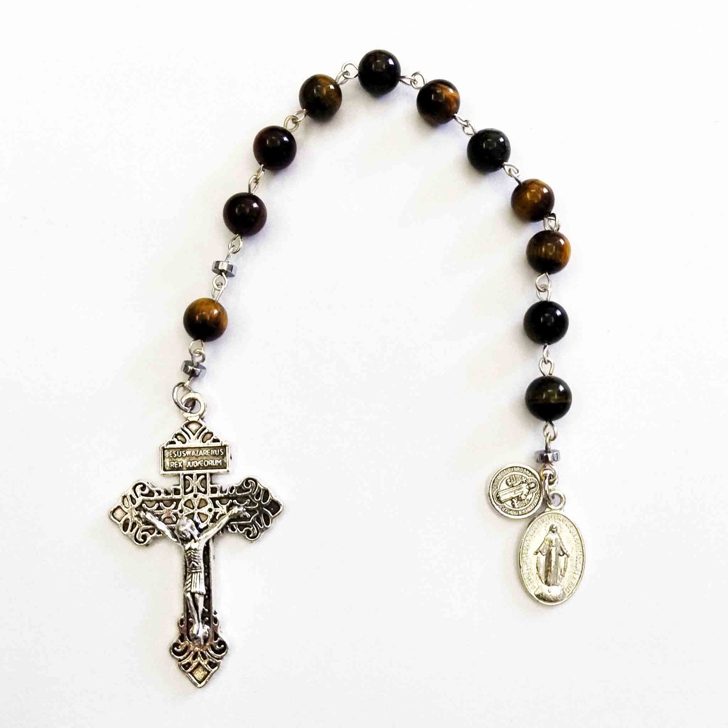 One Decade Rosary - Miraculous Medal & St Benedict Medal - 8mm Multicolor Tiger eye Gemstone Beads