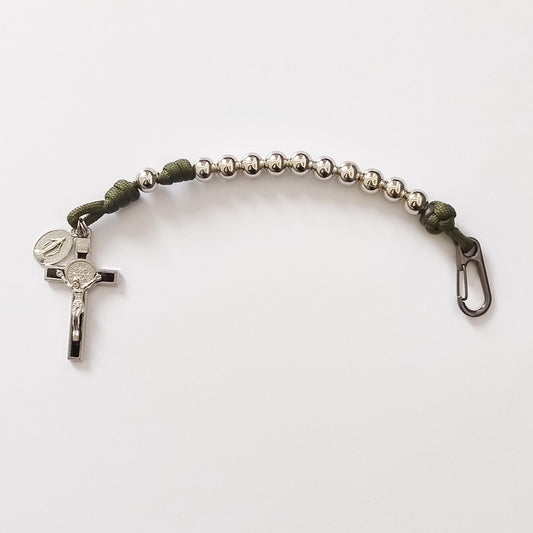 Paracord One Decade Rosary Silver Metal Beads (Green colour)