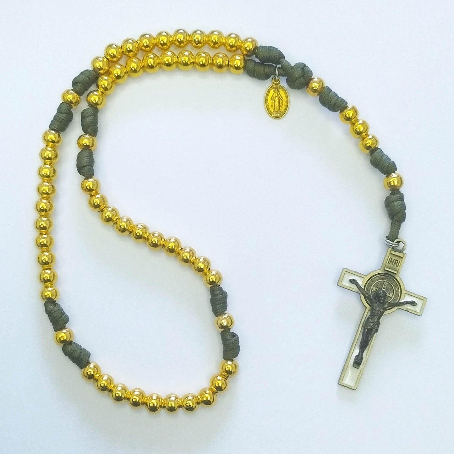 St Benedict Paracord Rosary Gold Metal Beads (green colour)