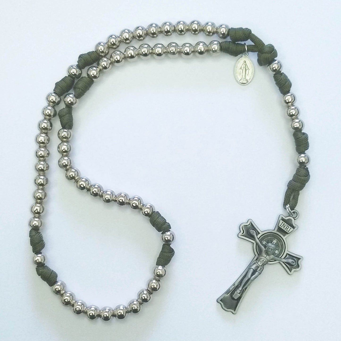 Paracord Rosary Silver Metal Beads (Green colour)