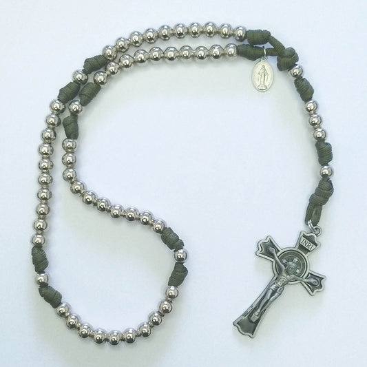Paracord Rosary Silver Metal Beads (Green colour)