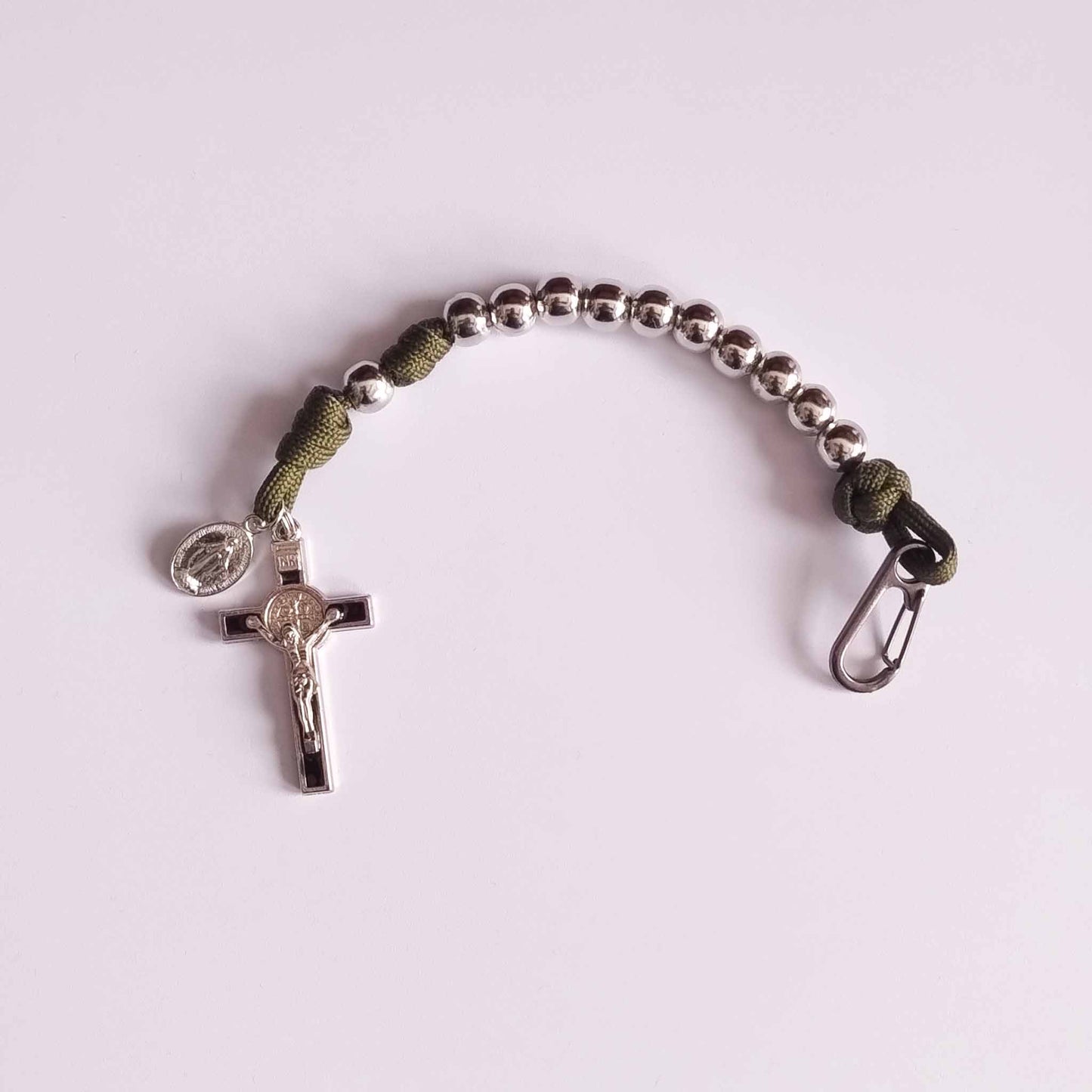 Paracord One Decade Rosary Silver Metal Beads (Green colour)