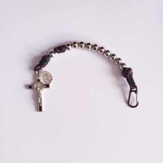 Paracord One Decade Rosary Silver Metal Beads (Black with red colour)