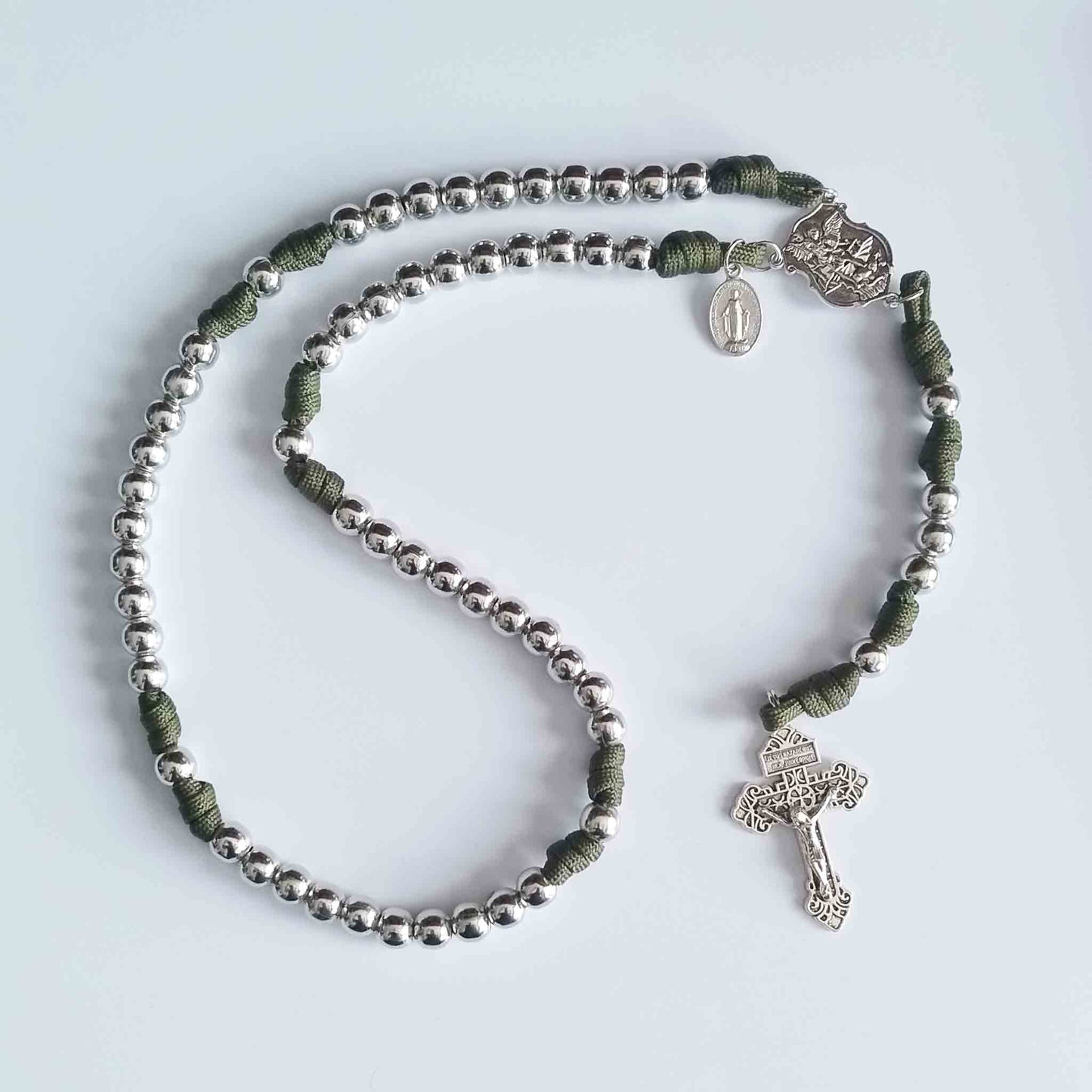 Paracord Rosary Metal Beads with Saint Michael Centrepiece (Green colour)