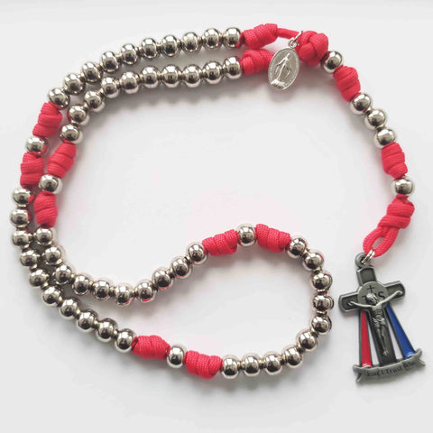 Paracord Divine Mercy Rosary Chaplet Silver Metal Beads (red colour)