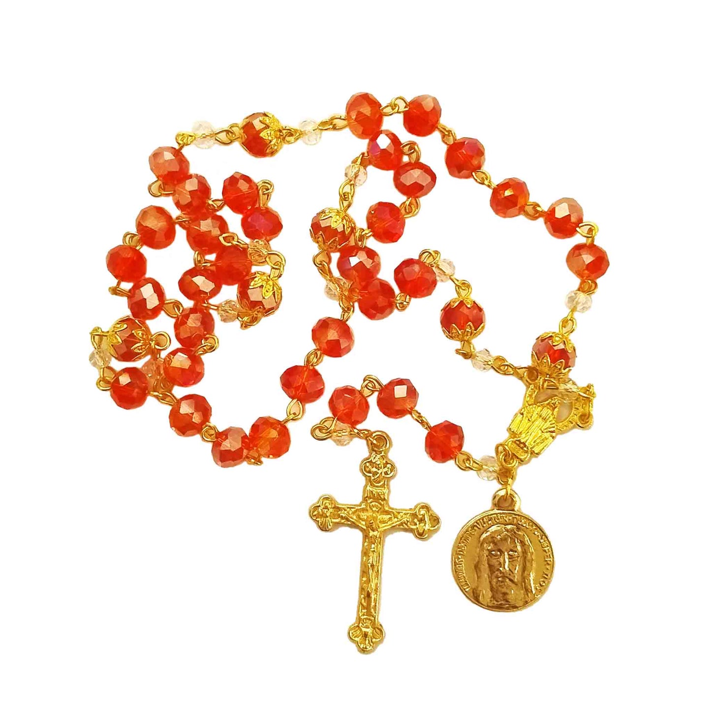 Holy Face of Jesus Chaplet, Red Glass Crystal Beads - Gold