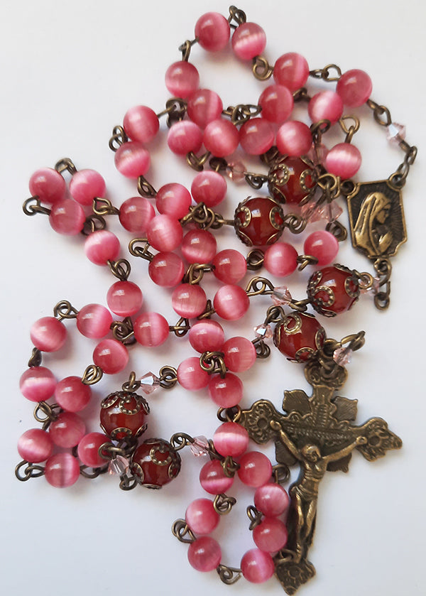 Rosary in Dark Pink Cats Eye Beads