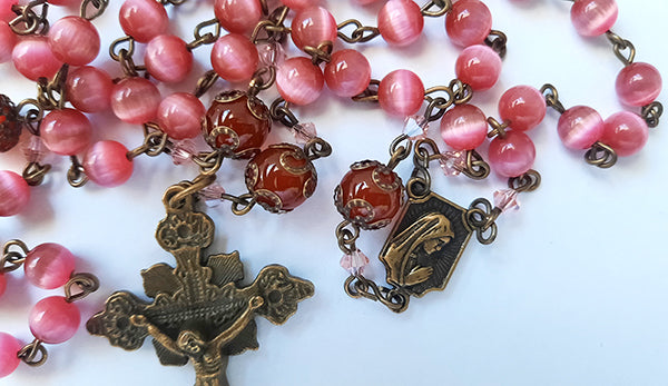 Rosary in Dark Pink Cats Eye Beads