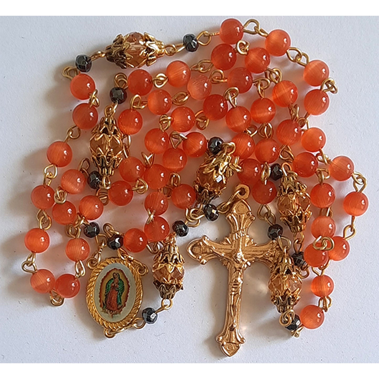 Rosary - 6mm Glass Catseye Beads - Orange - Gold Base