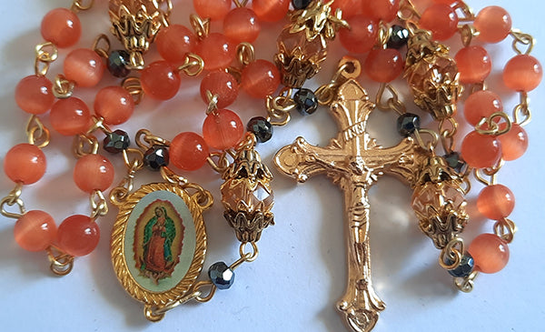 Rosary - 6mm Glass Catseye Beads - Orange - Gold Base