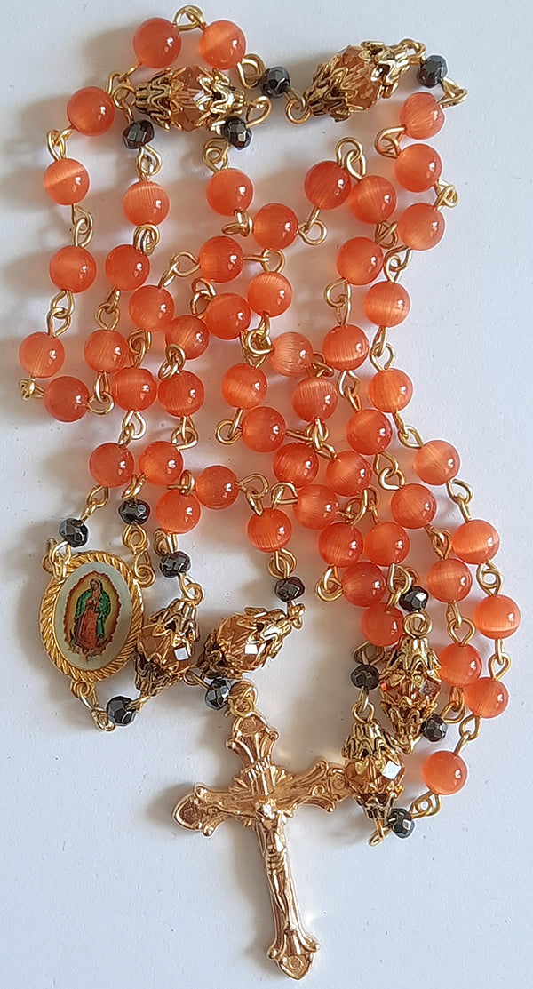Rosary - 6mm Glass Catseye Beads - Orange - Gold Base