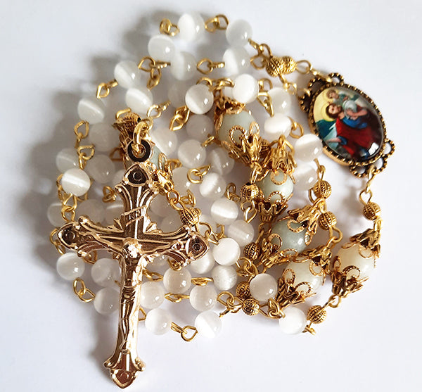 Rosary, White CatsEye Beads With Saint Christopher Centerpiece