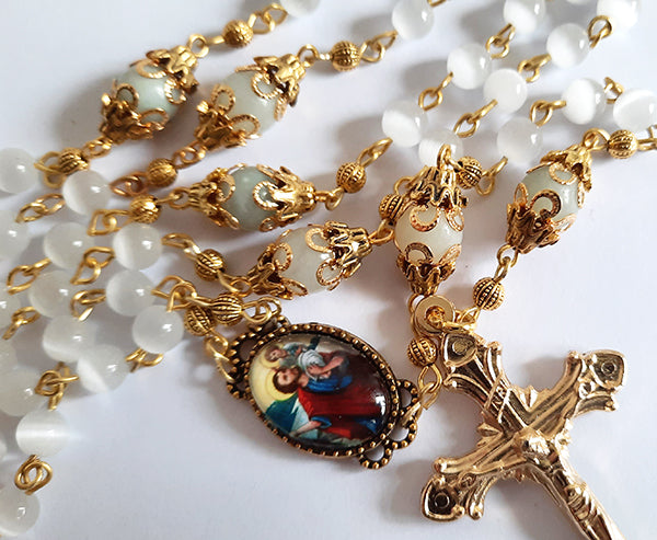 Rosary, White CatsEye Beads With Saint Christopher Centerpiece