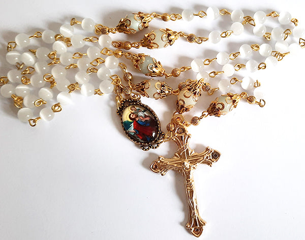 Rosary, White CatsEye Beads With Saint Christopher Centerpiece