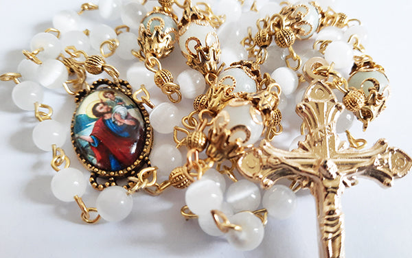 Rosary, White CatsEye Beads With Saint Christopher Centerpiece