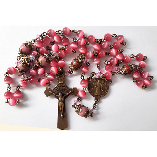 Rosary, Saint Benedict, Dark Pink Cats Eye Beads