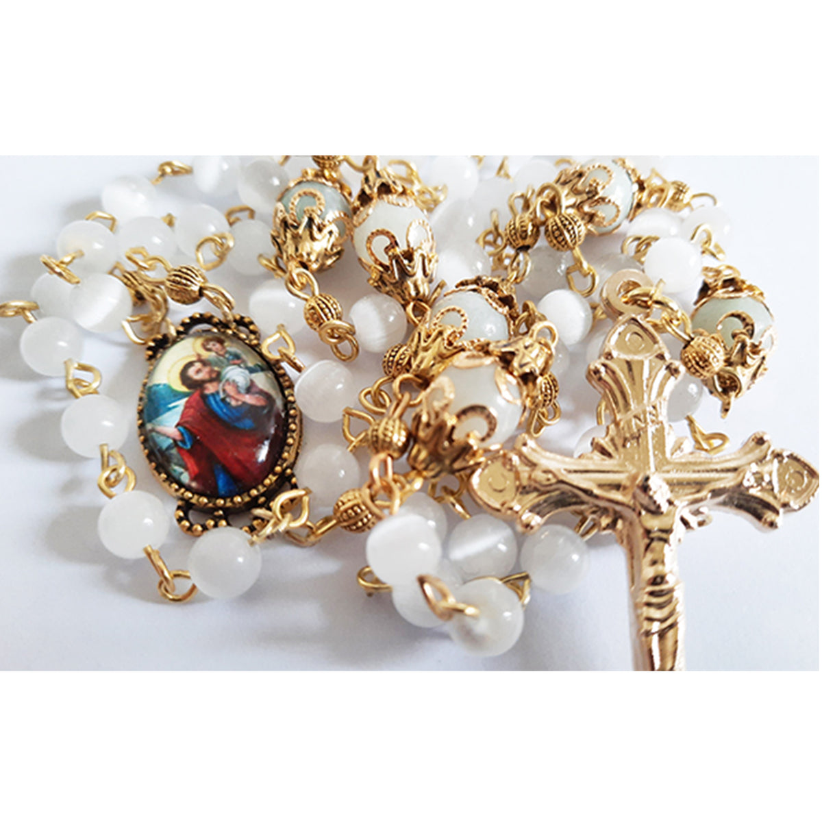 Rosary, White CatsEye Beads With Saint Christopher Centerpiece