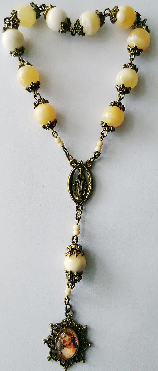 One Decade Gemstone Rosary - Jesus - 10mm Yellow Calcite - Bronze