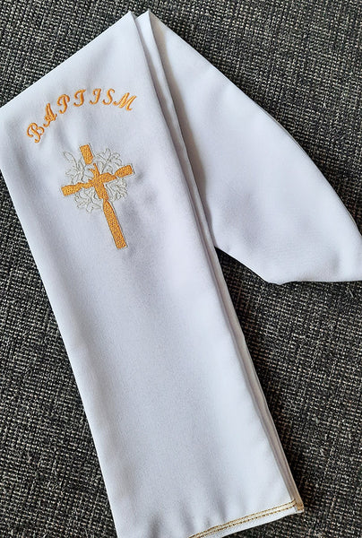 Baptism Stole- Machine Embroidered - White Gaberdine Fabric