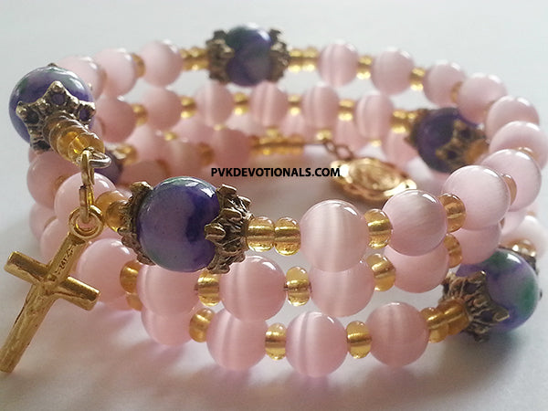 Five Decade Coil Rosary Bracelet - Pink Cats eye Beads