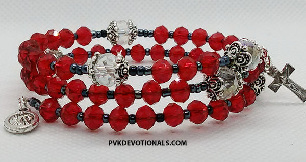 Five Decade Coil Rosary Bracelet - Divine Mercy Red/White