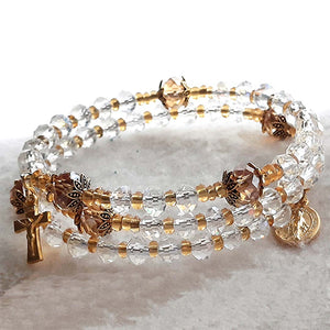 Five Decade Coil Rosary Bracelet - Clear/Gold