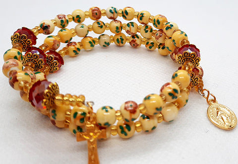 Five Decade Coil Rosary Bracelet - Porcelain - Yellow/Flowers