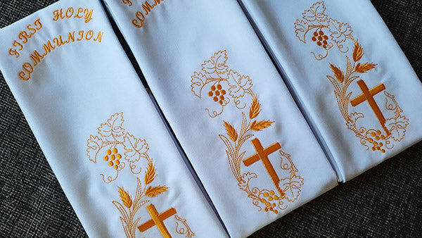 First Holy Communion Stole - Machine Embroidered - White Gaberdine Fabric