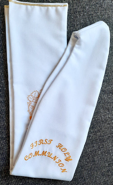First Holy Communion Stole - Machine Embroidered - White Gaberdine Fabric
