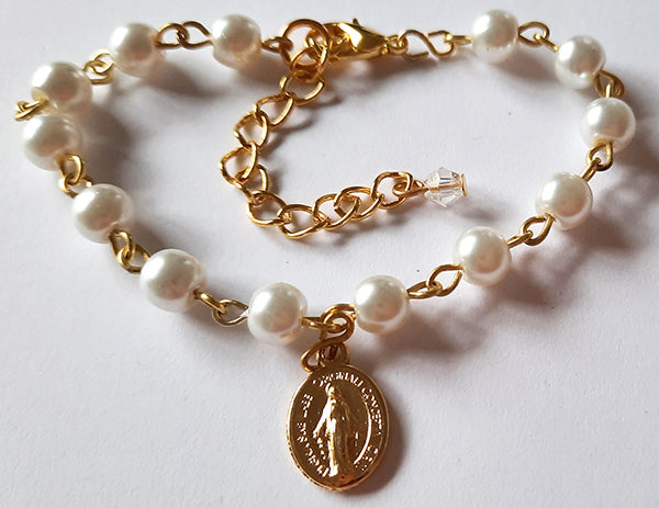 First Holy Communion Bracelet - White Glass Pearl Beads
