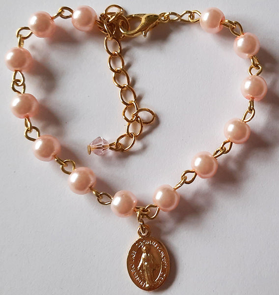 First Holy Communion Bracelet - Pink Glass Pearl Beads
