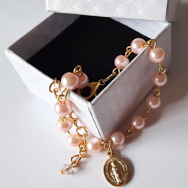 First Holy Communion Bracelet - Pink Glass Pearl Beads