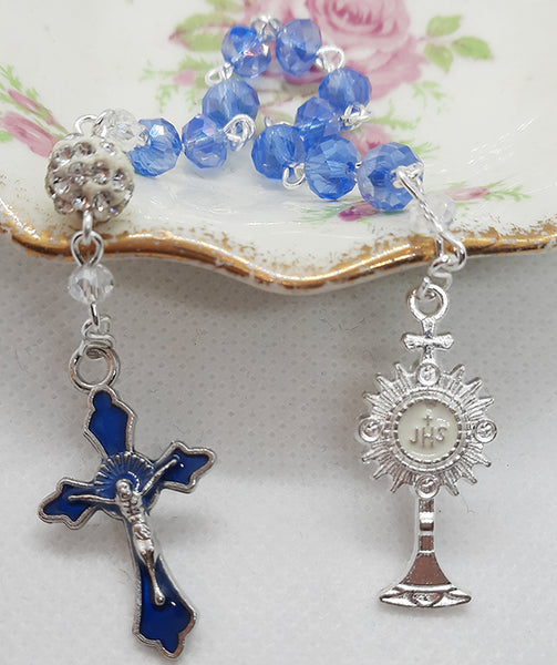 First Holy Communion One Decade Rosary - Monstrance Medal - Blue Glass Crystal Beads